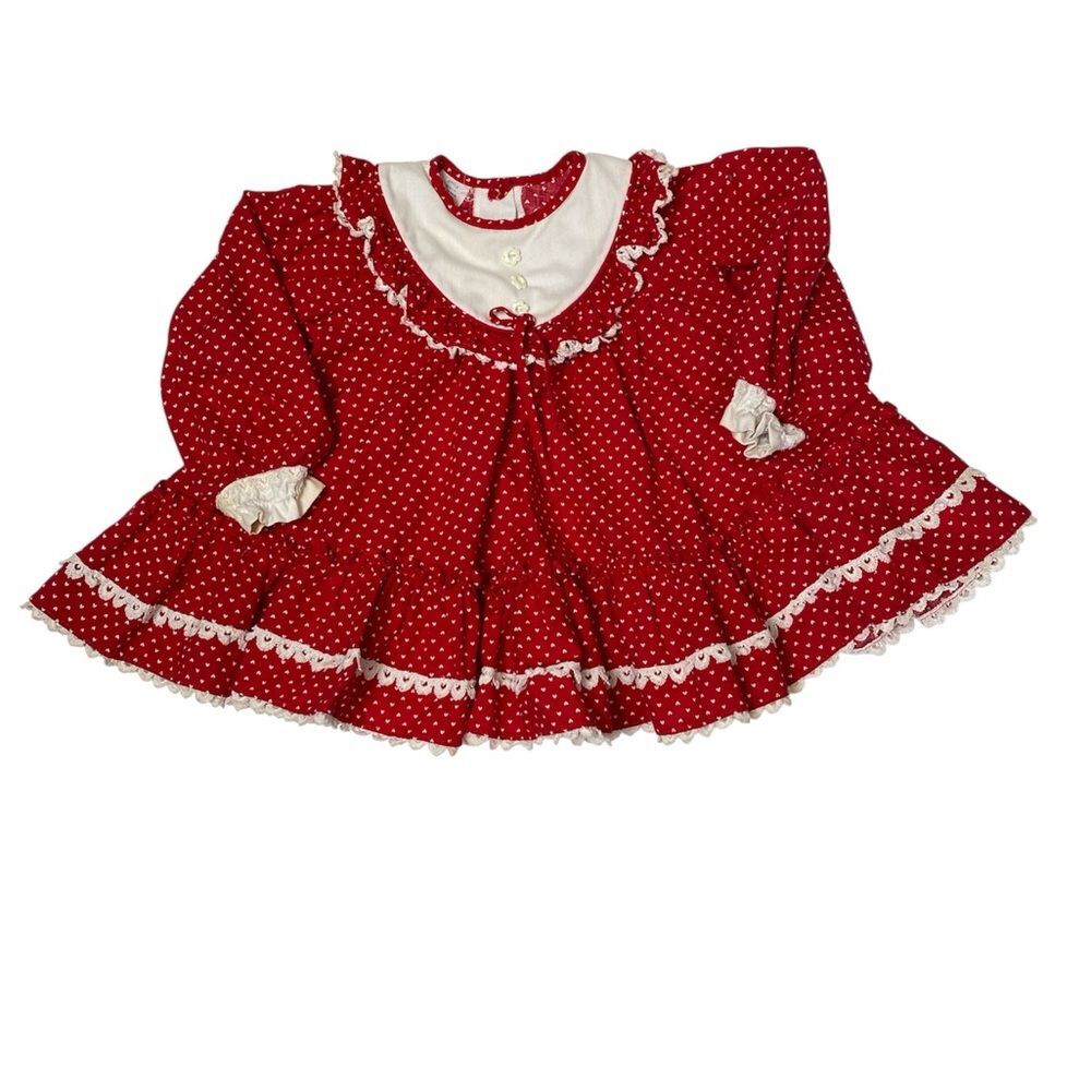 Vintage Mini World Baby Dress Red Heart Print Prairie Ruffle Dress 9-12M USA